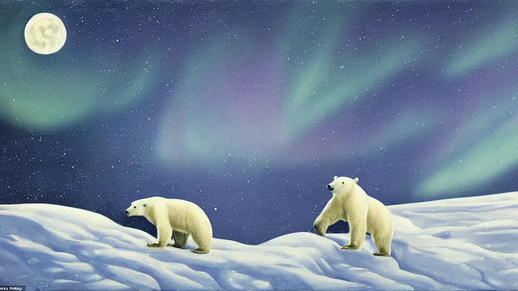 Image similar to an oil painting of a close - up polar bear traversing a snowy landscape at night, the northern lights and the moon are visible