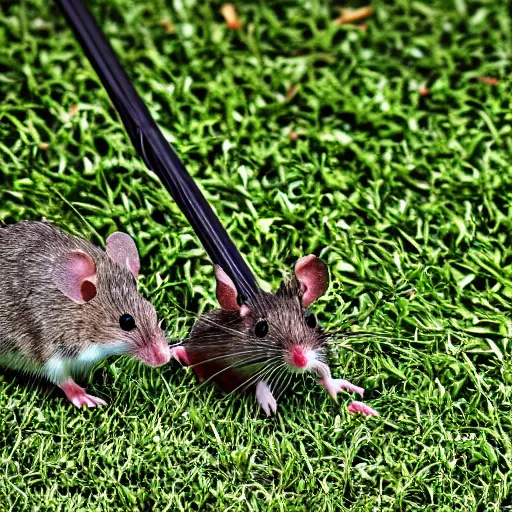 Prompt: a mouse pushing a lawnmower. Nature photography.