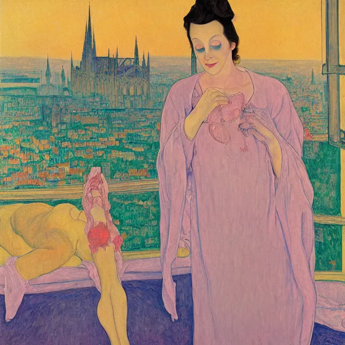 Image similar to close portrait of woman in transparent vaporous night gown washing her feet with cat and aloe vera, with city with gothic cathedral seen from a window frame with curtains. sun setting through the clouds, vivid iridescent psychedelic colors. agnes pelton, egon schiele, munch, henri de toulouse - lautrec, utamaro, monet