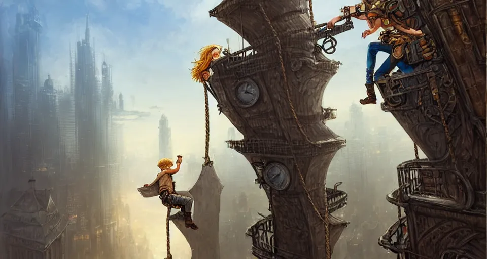 Prompt: landscape painting of a blonde boy thief in leathers using a rope to climb a tall metal steampunk buildings within a fantasy city with bridges, fine details, andreas rocha, magali villeneuve, artgerm, rutkowski