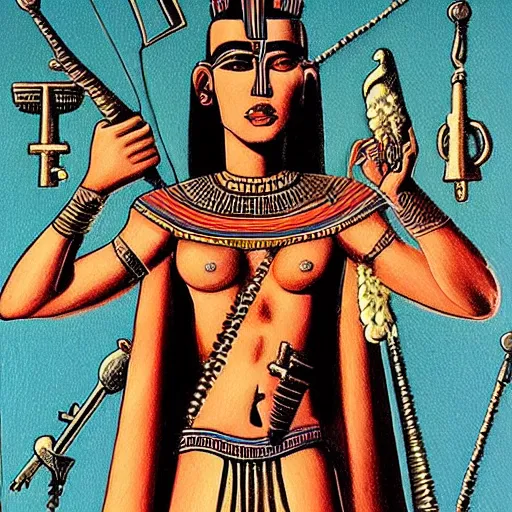 Image similar to An epic fantastic realism comic book style painting of the most beautiful portrayal of a 20-year-old, young, gorgeous, pale, Goth, friendly, amicable, casual, wears the ankh symbol, the key of life, the key of the Nile, is representative of eternal life in Ancient Egypt, Low angle, from below, worms-eye-view, 3-point perspective, unreal engine 5, DAZ, hyperrealistic, intricate, symmetrical, accurate, octane render, Arnold render, IMAX quality, cinematic, theatrical, dramatic, warm lighting, by Lee Jeffries, award-winning, awe-inspiring, ground-breaking, masterpiece , artgem, Dark Fantasy
