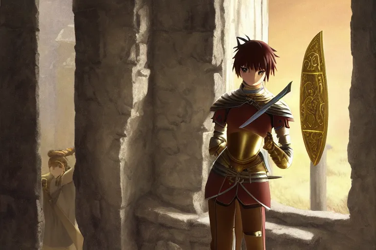 Image similar to anime key visual of young female fantasy knight, shoulder length brown hair shining detailed platinum and gold trim armor, wielding two bloody daggers, standing in the doorway of an ancient stone silver monastery, style of jamie wyeth james gilleard edward hopper greg rutkowski acrylic painting, preserved museum piece, historical