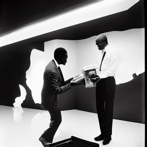 Image similar to black man and white man in black suits opening a suitcase that is glowing on the inside, 35mm, photo film footage