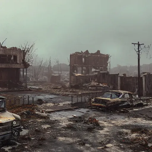 Image similar to wide angle shot of dilapidated fallout 5 in real life, desolate dilapidated town, empty streets, nightmarish, some rusted retro futuristic fallout 4 style parked cars, overcast, blankets of fog pockets, rain, volumetric lighting, beautiful, daytime, autumn, sharp focus, ultra detailed, cgsociety