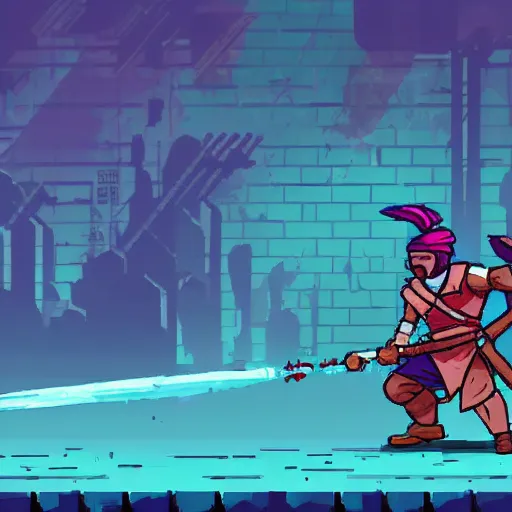 Image similar to dead cells main character holding a kopesh, ready to strike, corporate art style, three color palette