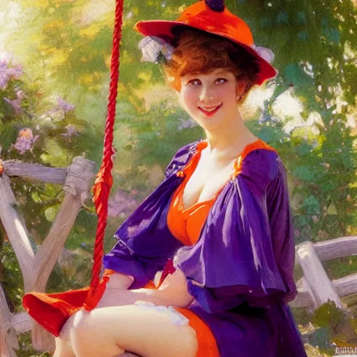 Image similar to a detailed portrait of a cute anime girl on swing, wearing a purple and red dress, wearing a orange hat, smiling coy, painting by gaston bussiere, craig mullins, j. c. leyendecker