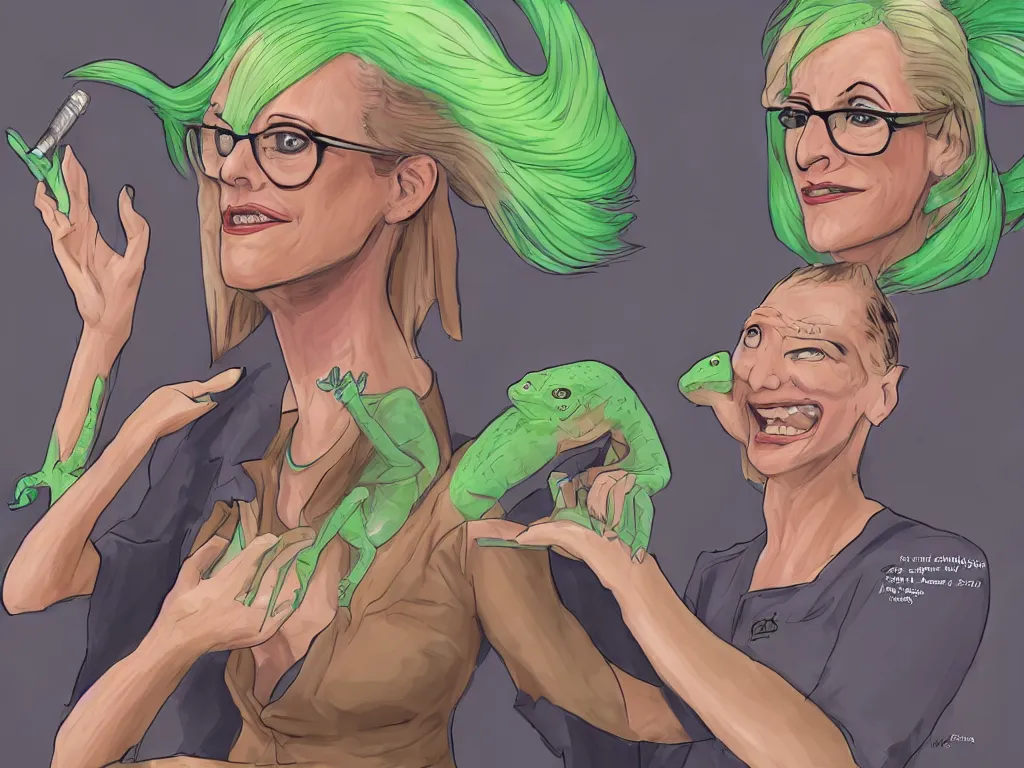 Image similar to Kyrsten Sinema as a lizard person receiving her signals from the home planet, artstation