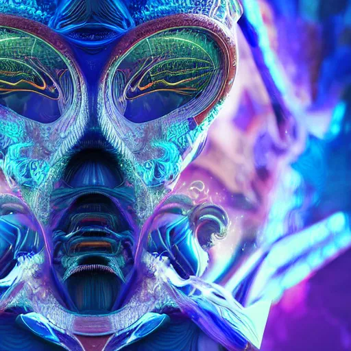 Image similar to Face of a Alien Deity, centered, corals, plume made of geometry, extremly detailed digital painting, sharp focus in the style of android jones, artwork of a futuristic artificial intelligence superstar with frames made of detailed circuits, mystical colors, rim light, beautiful lighting, 8k, stunning scene, raytracing, octane, under water visual distortion, dark tones colors, trending on artstation