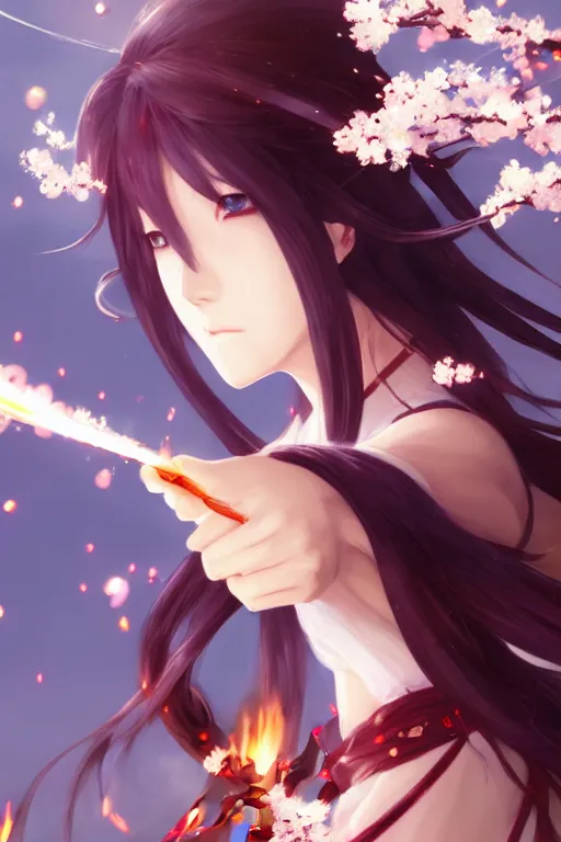 Prompt: beautiful attrative face female japanese style gunslinger with fire sparkling and cherry blossoms around her, light flowing hair, anime key visual, absurdly beautiful, highly detailed, sharp focus, concept art, granblue fantasy, anime by serafleur / d pin / rongzhen luo / mingdosa / ruan jia / gemi ningen