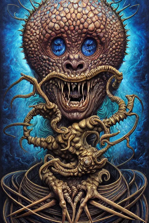 Prompt: A beautiful detailed grotesque monster super cute tarot card, by tomasz alen kopera and Justin Gerard, symmetrical features, ominous, magical realism, texture, intricate, ornate, royally decorated, mechanic, skeleton, whirling smoke, embers, blue red and dark silk fine lines adornements, blue torn fabric, radiant colors, fantasy, trending on artstation, volumetric lighting, micro details, 3d sculpture, ray tracing, 8k, anaglyph effect, digital art