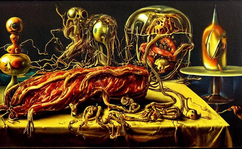 Image similar to strange cronenberg body, disturbing colorful oil painting dutch golden age vanitas still life sparse composition with bizarre objects strange gooey transparent surfaces shiny metal reflections bizarre mutant meat insects rachel ruysch dali todd schorr very detailed perfect composition rule of thirds masterpiece canon 5 0 mm, cinematic lighting, photography, retro, film, kodachrome