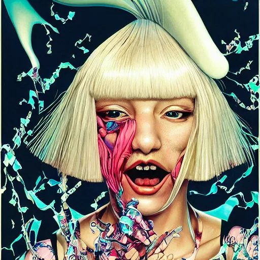 Image similar to portrait of crazy screaming beautiful singer sia kate isobelle furler, big ribbon, ymmetrical, by yoichi hatakenaka, masamune shirow, josan gonzales and dan mumford, ayami kojima, takato yamamoto, barclay shaw, karol bak, yukito kishiro