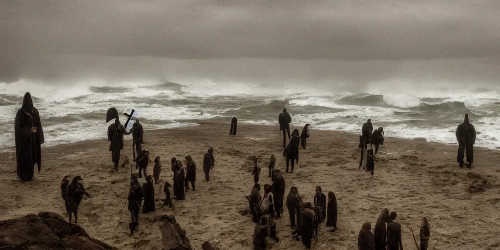Prompt: super gloomy beach with impenetrable forest inland and violent waves off shore. The grim reaper standing next to men on pikes vlad the impaler in the front right, depressive atmosphere