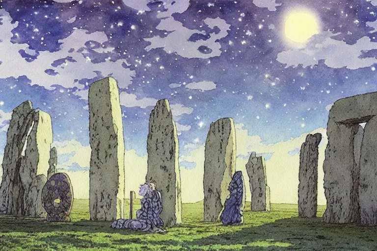 Prompt: hyperrealist studio ghibli watercolor fantasy concept art of a 1 0 0 ft. giant druid sitting on stonehenge. it is a misty starry night. by rebecca guay, michael kaluta, charles vess