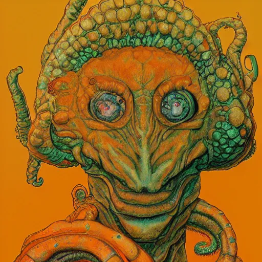 Image similar to portrait of orange cthulhu by wayne barlowe in the style of egon schiele
