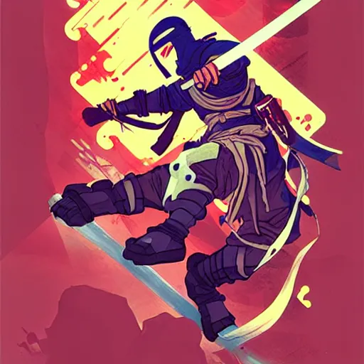 Image similar to concept art design illustration, shinobi videogame still!! 1 6 colors, logo, ink drawing, art by jc leyendecker and sachin teng