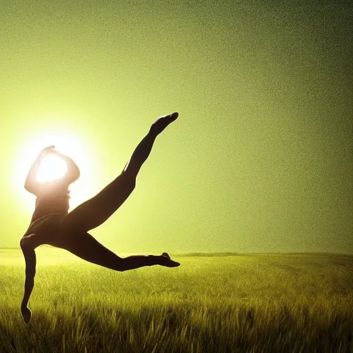 Image similar to An origami girl doing acrobatic contemporary dance, dramatic lighting, with bokeh effect in a sunny meadow