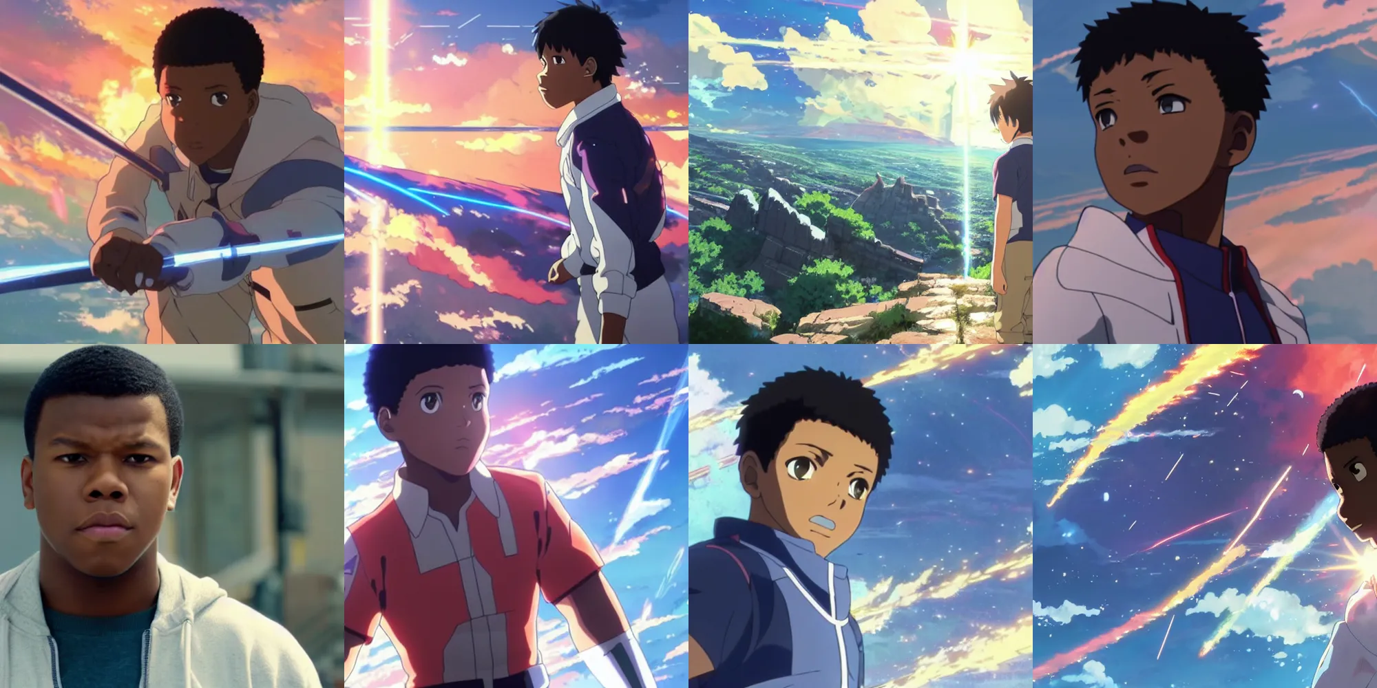 Prompt: john boyega in a still from the anime your name ( 2 0 1 6 ) directed by makoto shinkai