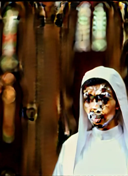 Image similar to a film still of kim kardashian as a nun with her bust slightly exposed. backround : church interior