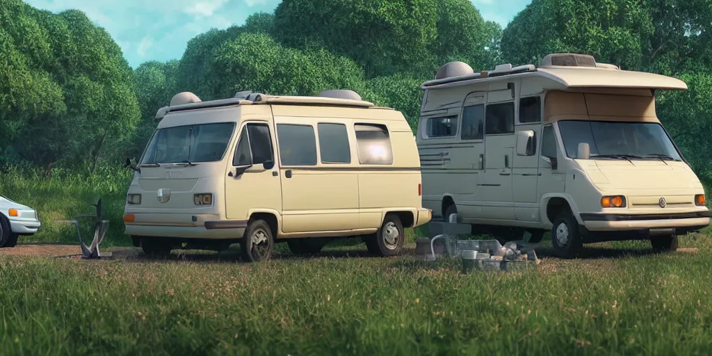 Image similar to a wholesome animation key shot of one!! focused!! 1 9 9 4 fiat hymer!! motorhome in the! romanian! countryside, medium shot, studio ghibli, ( pixar ) and disney animation, sharp, very detailed, high resolution, rendered in unreal engine 5, anime key art by greg rutkowski, bloom, dramatic lighting