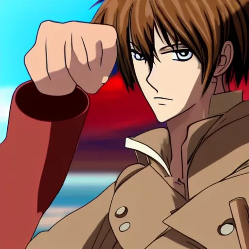 Image similar to eren jaeger pointing at a sausage over the sea