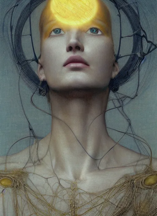 Image similar to Woman masterpiece, beautiful eyes, yellow, golden halo behind her head, wires everywhere, by Edgar Maxence and Ross Tran, Zdzisław Beksiński, and Michael Whelan, distant, gustav dore, H.R. Giger, 8k, octane render