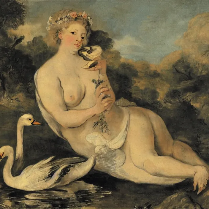 Image similar to leda with swan in a stunning landscape, golden light in center of painting, oil painting by frans hals