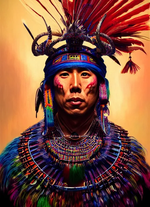 Image similar to portrait of donnie yen, hyper detailed ultra sharp aztec shaman warrior. trending on artstation, warpaint aesthetic, bloodwave, colorful, psychedelic, ornate, intricate, digital painting, concept art, smooth, sharp focus, illustration, art by artgerm and greg rutkowski and h. r. giger, 8 k