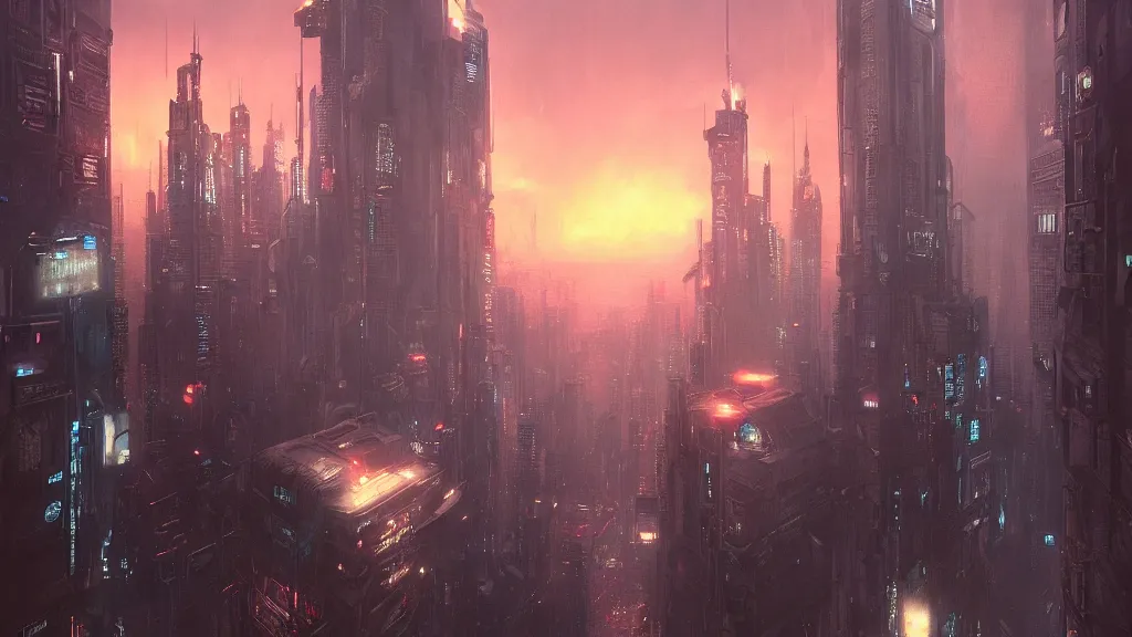 Prompt: a gigantic building in a cyberpunk city, blade runner, ghost in the shell, akira, sunset, gorgeous view, depth, rays of light, gorgeous view, robots, painted by seb mckinnon, high detail, digital art, painted by greg rutkowski, trending on artstation