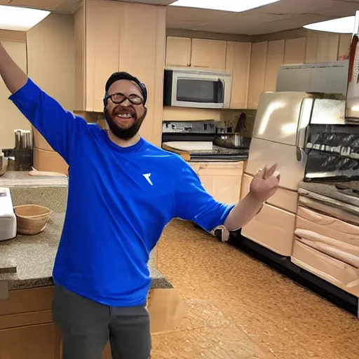 Prompt: A redditor raising his hands in victory, smiling exuberantly, and surrounded by empty Hot Pocket wrappers