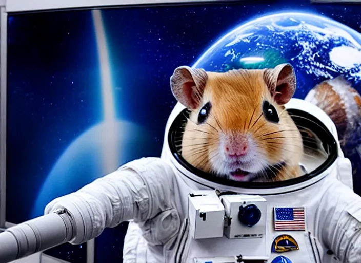 Image similar to film still of a hamster working for mission control at nasa, 8 k