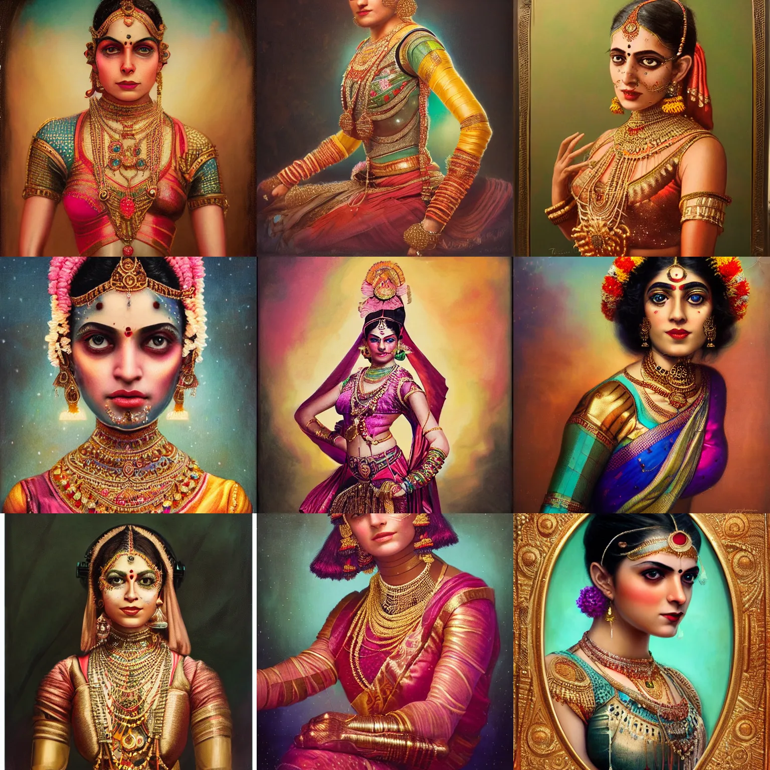 Prompt: a beautiful ultradetailed vintage photo of a cyborg dressed as an indian classical dancer in colorful silk, by tom bagshaw and anna dittman, portrait, vignette, 3 5 mm lens, golden ratio composition, detailed face, studio lighting, very detailed, humanoids, industrial robots, artstation, 8 k, highly coherent