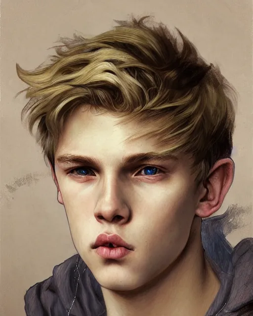 Prompt: portrait of 1 5 - year - old boy with blonde hair, round - face, with long toothed,, hyper realistic face, beautiful eyes, close up, fantasy art, in the style of greg rutkowski, intricate, alphonse mucha, hyper detailed, smooth