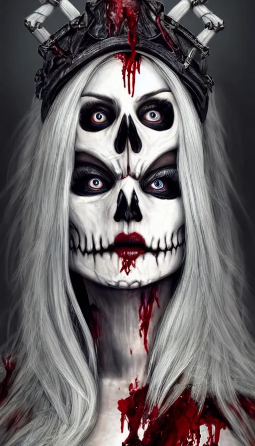 Image similar to skeleton covered with blood, jessica nigri face!!, highly detailed face, long white hair, beautiful blue eyes, black heavy eyeliner, ultra realistic, concept art, intricate details, photorealistic, octane render, 8 k, unreal engine. retro film still, heavy grain, 3 5 mm, art by artgerm and greg rutkowski and alphonse mucha