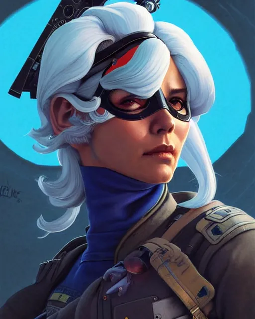 Image similar to ana from overwatch, eye patch, white hair, character portrait, portrait, close up, concept art, intricate details, highly detailed, vintage sci - fi poster, in the style of chris foss, rodger dean, moebius, michael whelan, and gustave dore