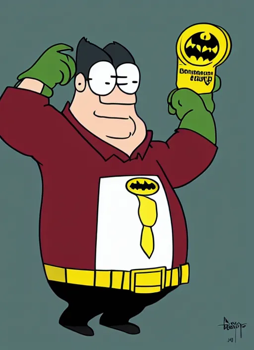 Image similar to peter griffin, wears batman costume, cartoon edition,