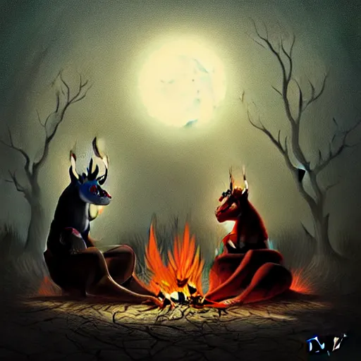 Image similar to strange mythical beasts of sitting around a fire under a full moon, surreal dark uncanny painting by ronny khalil