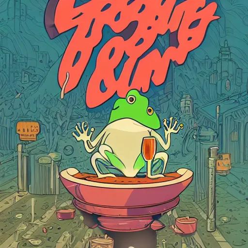 Image similar to frog drinking with crazy bunny with steam coming out from ears, by josan gonzales and Dan Mumford