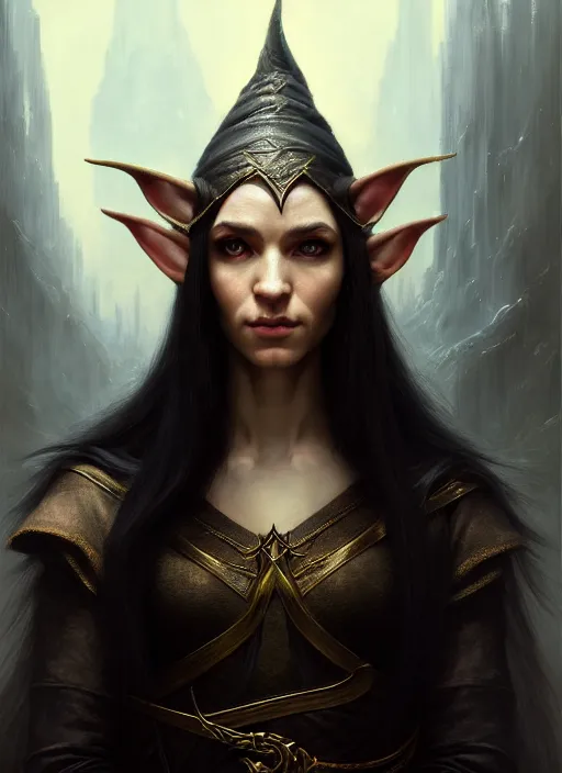 Prompt: portrait of an elf thief with long black hair, elven character with smirk, detailed realism face in painting, detailed beautiful portrait, oil painting masterpiece, fantasy artwork, 8 k resolution, smooth, sharp focus, trending on artstation, by rembrandt, by greg rutkowski