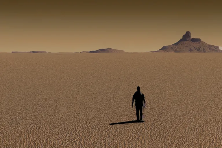 Prompt: matte painting of Deserted terrain, I would even say wasteland. In the foreground (closest to the viewer) is a small hill, languishing in the shadows. A traveler stands on it and looks out into the distance. And in the distance, already in the sunlight, on the flat surface of the desert, stands a huge (skyscraper-sized) cross, half-sided and slightly beveled to the right (from the viewer) side. The cross itself is made of gold, full of patterns and glowing blue elements. And on the sides and behind it, as well as from the side beams hang huge numerous semblances of tentacles in black, from the cross itself also oozes black liquid. In the background even farther away are also deserted hills and uplands. The cross itself and the area around it is illuminated by bright golden sunlight breaking through the clouds. And in the sky, as if floating, fish, whales, and other marine life are flying, rutkowski, vibrant color