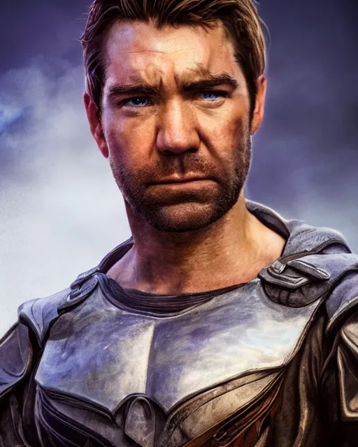 Image similar to an epic dramatic portrait of antony starr as the homelander, very low angle, detailed face, epic art, trending on artstation, deviantart, high detail, high definiton, ultra realistic, hyper realistic, photo realistic, 4 k uhd