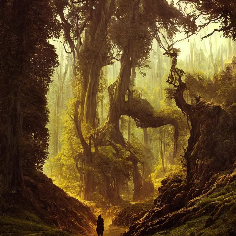 Image similar to a detailed landscape painting inspired by moebius and beksinski of a great forest with path and man with a cape over his head. fantasy poster. cinematic fantasy scene. aurora lighting. fantasy. carl spitzweg. baroque elements. baroque element. intricate artwork by caravaggio. oil painting. award winning. dramatic. trending on artstation. 8 k