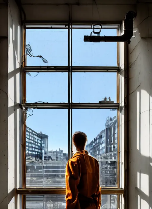 Prompt: Industrial style humanoid robot wearing human clothes, drinking a cup of coffee, standing in front of his apartment window looking outside, global illumination, radiant light, detailed and intricate environment