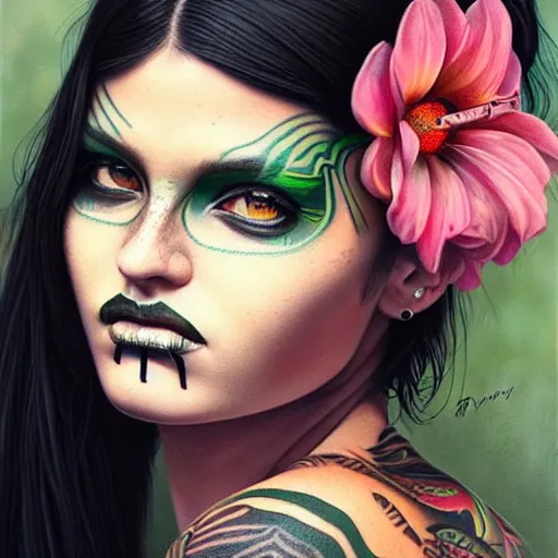 Image similar to ultra realistic portrait painting of a perfect beautiful woman green eyes black hair, neck tribal snake tattoo, painted by Tristan Eaton Stanley Artgerm and Tom Bagshaw