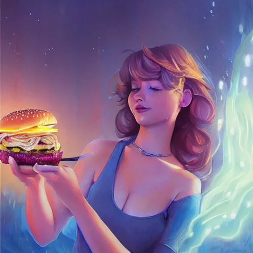 Image similar to beautiful Jennifer Lawrence eating a big mac hamburger, full body fantasy art icon, extreme detail, ethereal volumetric mystical lighting, dripping BBQ Sauce, serving burgers, art by Jesper Ejsing, by RHADS, Makoto Shinkai and Lois van baarle, ilya kuvshinov, rossdraws