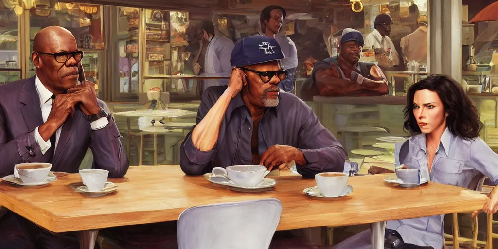 Image similar to painting highly detailed full - body samuel l jackson and john travolta posing in cafe, perfect symmetrical eyes, by eddie mendoza and tyler edlin, 8 k resolution, digital art, hyper realistic