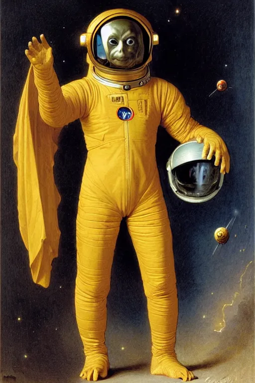 Prompt: a portrait of a gollum astronaut, wearing a chinese dragon spacesuit armor and helmet, in majestic, solemn, in space, by bouguereau