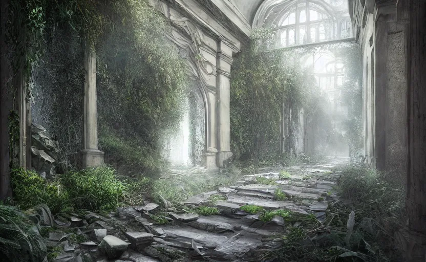 Image similar to Overgrown hallway, immaculate scale, matte painting, digital art, trending on Artstation, hyper-realistic, detailed, ultra detailed