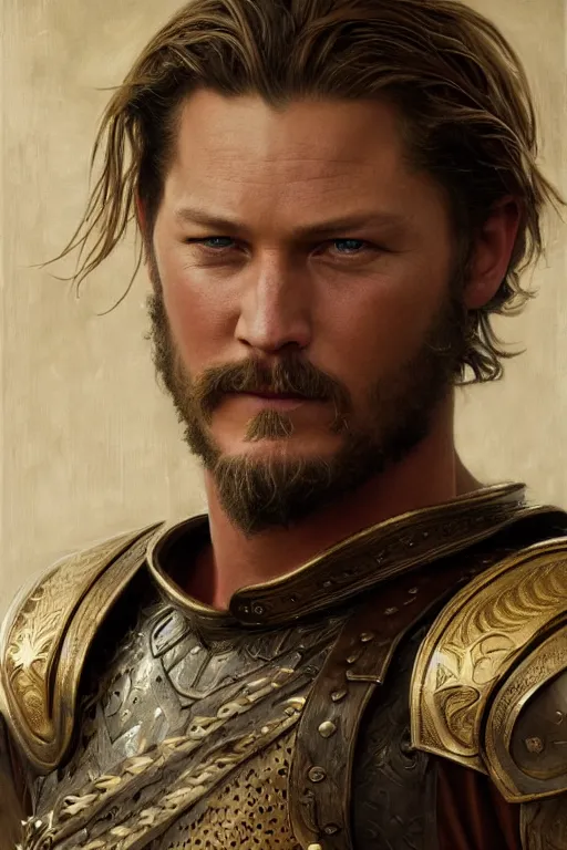 Image similar to Travis Fimmel as Gladiator in the movie Gladiator, oil on canvas, artstation, by J. C. Leyendecker and Edmund Blair Leighton and Charlie Bowater, octane render