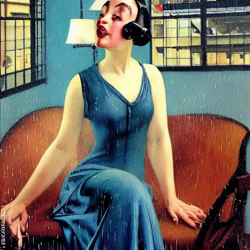 Image similar to oil painting of realistic woman, 1 9 3 0 s decopunk penthouse pleasure factory, rain and smoke, dramatic lighting, tech noir, wet skin, atmospheric, ambient, rupert everton, wlop, george tooker, gil elvgren, grant wood, alexis flower, hopper, mucha, whistler, norman rockwell, peter max, livia prima,